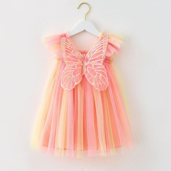 Toddler Girls Casual Dresses Fly Sleeve Butterfly With Wing Tie Dye Rainbow Tulle Holiday Party Dance Party Clothes Outwear