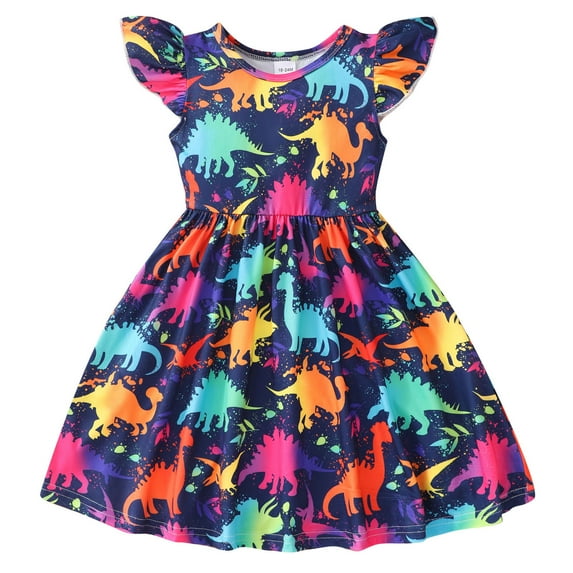 Toddler Girls Casual Dresses Fly Sleeve Cartoon Dinosaur Prints Summer Beach Sundress Party Dresses Princess Dress
