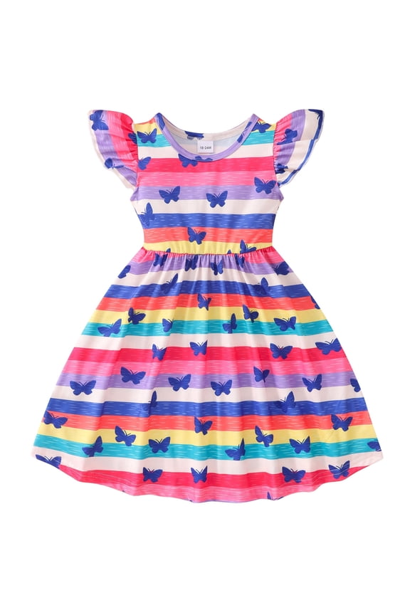 Little Girl Dresses Size 5 Years-6 Years Fly Sleeve Cartoon Butterfly Stripe Prints Summer Beach Sundress Party Dresses Princess Dress Maxi Dress