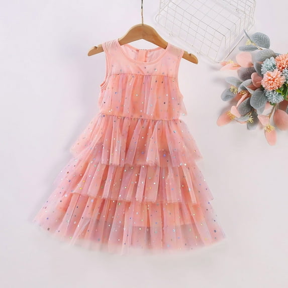 Toddler Girls Casual Dresses Summer Solid Color Mesh Dot Paillette Sleeveless Ruffles Tulle Dance Party Princess Clothes Holiday Wear