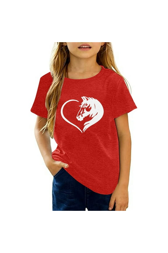 Toddler Girls Casual Graphic Tops Crewneck Tees Kids Printed Shirts Soft Breathable Daily Wear Clothes Red Size 3-4T