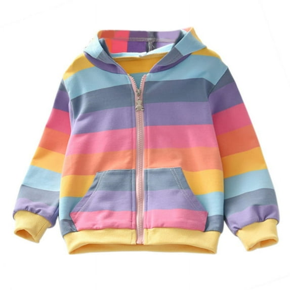 Toddler Girls Casual Hoodies Sweatshirts Kids Rainbow Striped Zipper Jackets Outwear 2-6Y