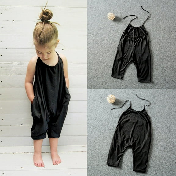 Toddler Girls' Casual Sleeveless Jumpsuits One Piece Solid Strap Romper Long Pants Rompers with Pockets Girls' Fashion For 18-24 Months