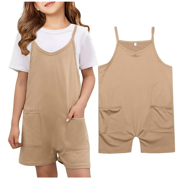 Toddler Girls Jumpsuits Rompers Spaghetti Strap Rompers With Pockets V Neck Shorts Romper Girls Overalls 5-6T