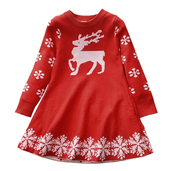 Toddler Girls Children Winter Christmas Long Sleeve Deer Snowflakes Sweater Dress Princess Dress Warm For Babys Clothes Xmas Red Navy,Size 2-3 Years
