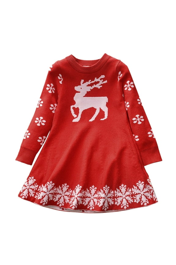Toddler Girls Dresses Fall Children Winter Christmas Long Sleeve Deer Snowflakes Sweater Warm Clothes Xmas Red Navy Princess Dress for Girls Size 4-5T