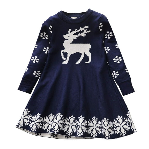 Toddler Girls Dresses Fall Children Winter Christmas Long Sleeve Deer Snowflakes Sweater Warm Clothes Xmas Red Navy Cute Princess Dress for Girls Size 4-5T