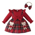 thumbnail image 1 of Toddler Girls Christmas Long Sleeve Dress with Bowknot Prints and Matching Headband Party Gown Red 18-24 Months, 1 of 9