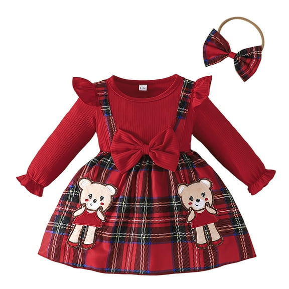 Toddler Girls Christmas Long Sleeve Dress with Bowknot Prints and Matching Headband Party Gown Red 2-3 Years