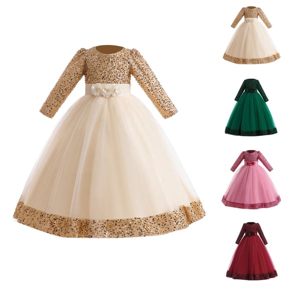 Toddler Girls Christmas Long Sleeve Print Tulle Embroidery Lace Ruffles Party Evening Wedding Dress Girls Princess Dress for Holiday Celebration