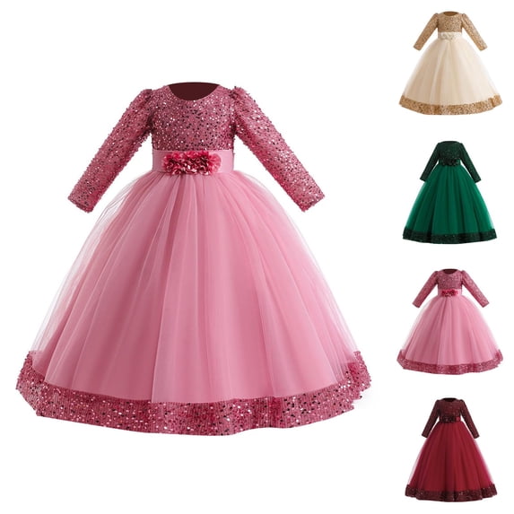 Toddler Girls Christmas Long Sleeve Print Tulle Embroidery Lace Ruffles Party Evening Wedding Dress Girls Princess Dress for Holiday Celebration