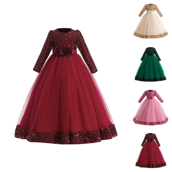 Toddler Girls Christmas Long Sleeve Print Tulle Embroidery Lace Ruffles Party Evening Wedding Dress Girls Princess Dress for Holiday Celebration
