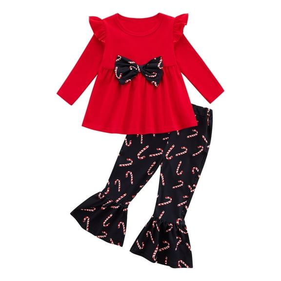 Toddler Girls Christmas Outfits Set Long Sleeve Shirts Dress Printed Flared Pants Bell-Bottom Fall Winter Xmas Dress-up Clothes, 1-6 Years