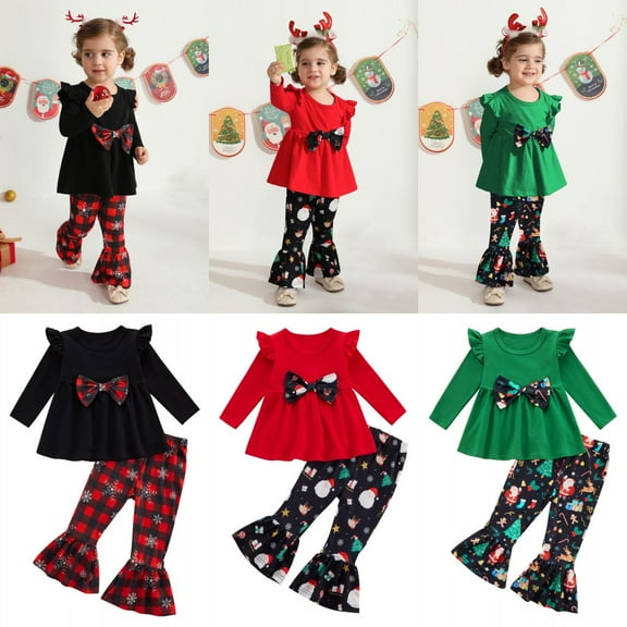 Toddler Girls Christmas Outfits Set Long Sleeve Shirts Dress Printed Flared Pants Bell-Bottom Fall Winter Xmas Dress-up Clothes, 1-6 Years