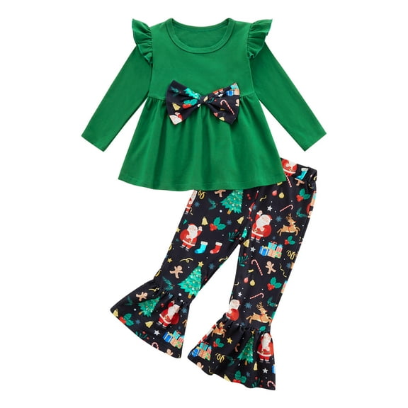 Toddler Girls Christmas Outfits Set Long Sleeve Shirts Dress Printed Flared Pants Bell-Bottom Fall Winter Xmas Dress-up Clothes, 1-6 Years