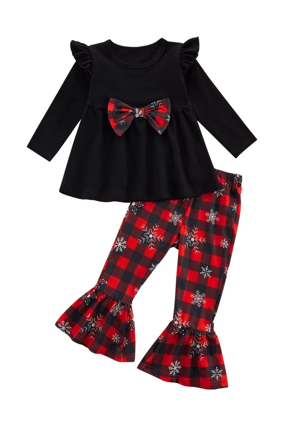 Toddler Girls Christmas Outfits Set Long Sleeve Shirts Dress Printed Flared Pants Bell-Bottom Fall Winter Xmas Dress-up Clothes, 1-6 Years