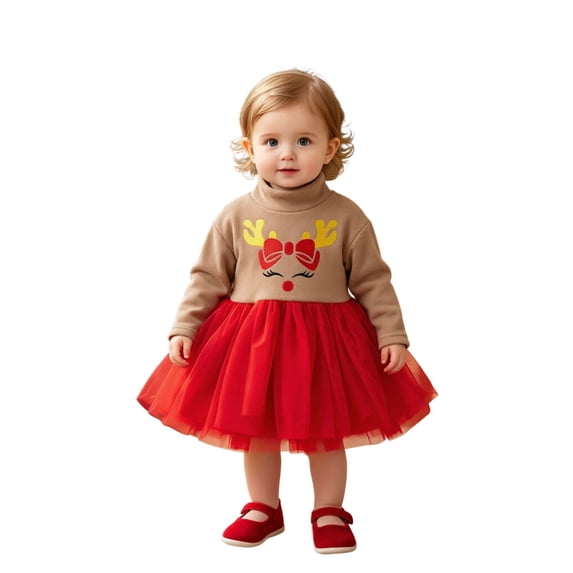 Toddler Girls Christmas Tulle Dress Turtleneck Long Sleeve Knitting Tops Layered Lace Skirt with Reindeer Antler Headband Set