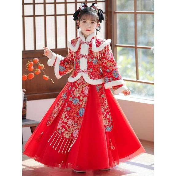 Toddler Girls Chunjie Coat Tops for Chinese Calendar New Year Quilted Lined Warm Dresses Skirts Embroidery Tang Suit Performance