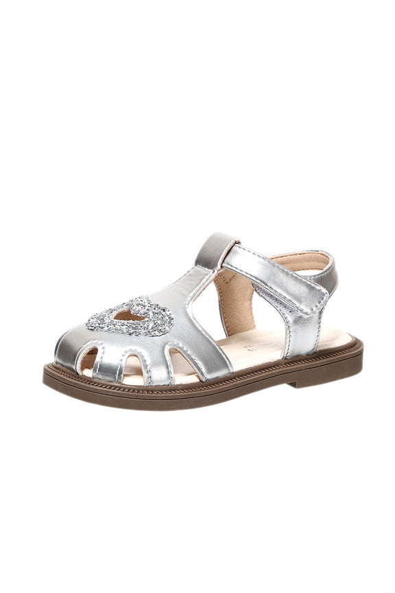 Toddler Girls Closed-Toe Sandals Sweet Retro Cutout Summer Dress Shoes Silver 21