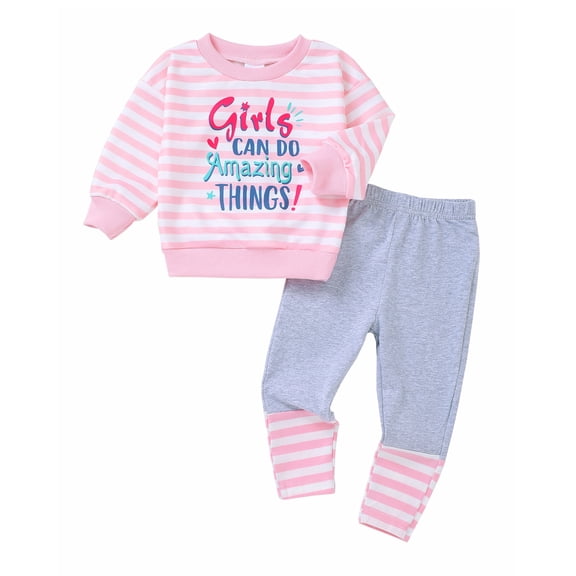 Toddler Girls Clothes 18 Months Girls Fall Winter Pant Sets 24 Months Girls Ruffle Long Sleeve Letter Print Sweatshirt Top Striped Pants 2PCS Clothing Set Pink