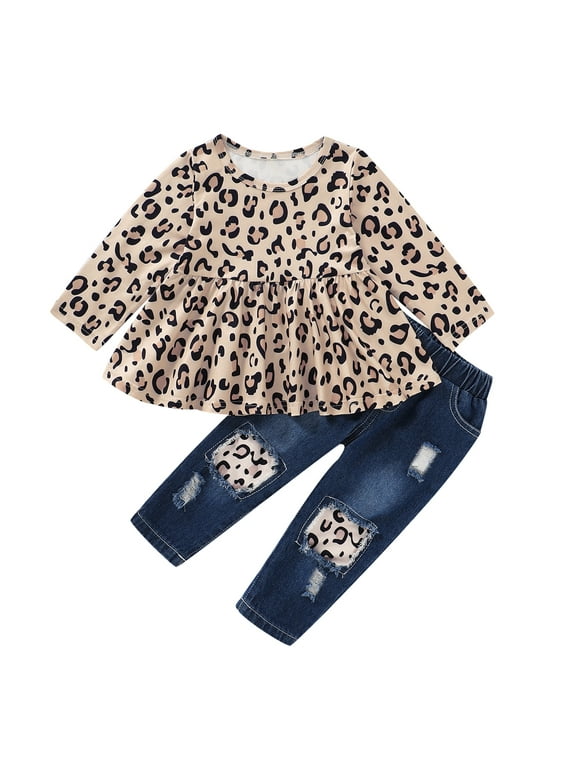 Toddler Girls Clothes 2T Infant Girl Outfit Baby 3T Fall Winter Cute Floral Shirt Tops Denim Ripped Jeans Long Pant Set Gift 2PC Stuff