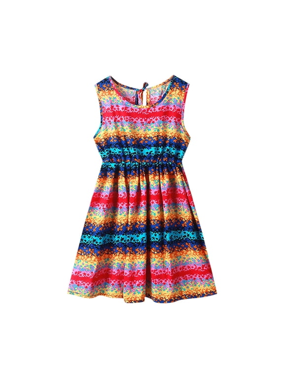 Toddler Girls Clothes Cotton Short Sleeve Round Neck Floral Beach Dress Casual Girls A-Line Pleated Midi Dresses for Kids 3-8 Years