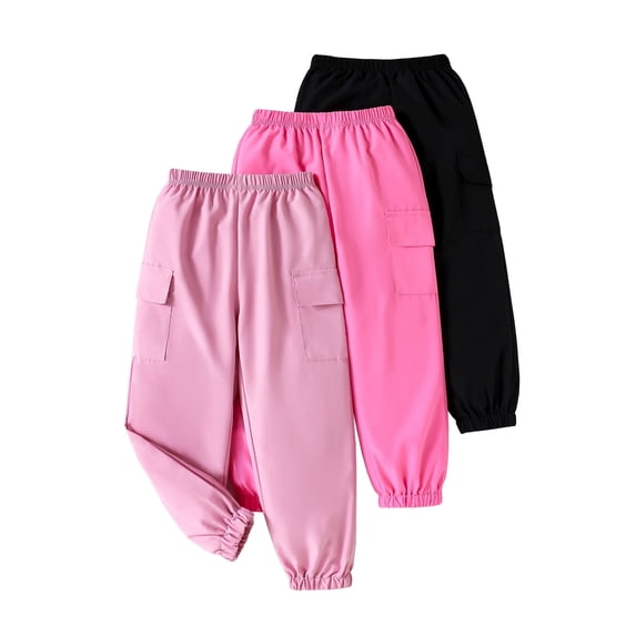 Toddler Girls Clothes Girls Pants Kids 3-Pack Joggers Toddler Cargo Casual Elastic Waist Pants for Girls 4T 5T Size 6 7 8 Black Pink