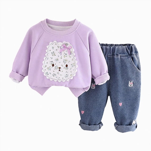 Toddler Girls Clothes Outfits 6 9 12 18 Months 2T 3T 4T Toddler Girls Fall Winter Clothes Girls Cute Cartoon Fly Sleeve Pullover Denim Pants 2PCs Set Dailywear Purple Size 6-12 Months