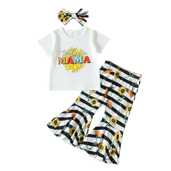 Toddler Girls Clothes Outfits Short Sleeve T Shirt Tops Sunflower Striped Printed Bell Bottoms Suit Baby Casual Set