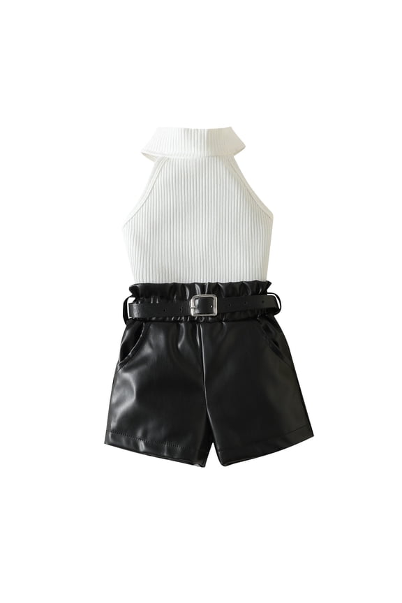 Toddler Girls Clothes Set Summer Sleeveless Ribbed Strap Tops PU Leather Shorts 2PCS Suit Children Clothing Kids Outfits