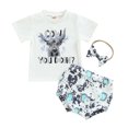 thumbnail image 1 of Toddler Girls Clothes, Short Sleeve Round Collar Bull Print Tops Short Pants Headband Casual Outfits 0-24 Months, 1 of 8