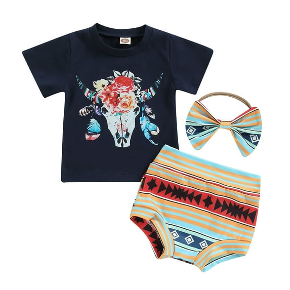Toddler Girls Clothes, Short Sleeve Round Collar Bull Print Tops Short Pants Headband Casual Outfits 0-24 Months
