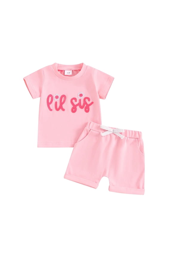 Toddler Girls Clothes Summer Outfits Baby Kids Letter Embroidery Short Sleeve T-Shirt Tops Solid Color Shorts Sets Red 18-24 Months