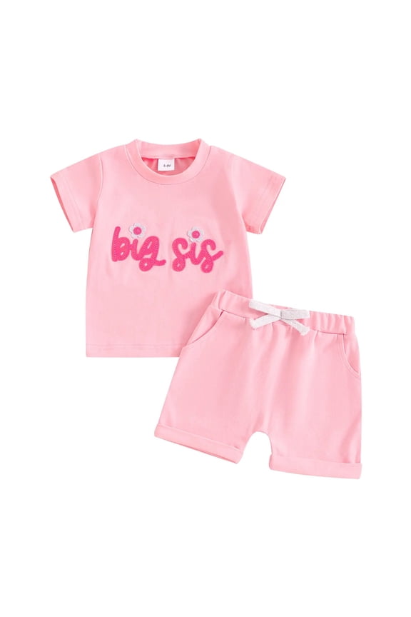 Toddler Girls Clothes Summer Outfits Baby Kids Letter Embroidery Short Sleeve T-Shirt Tops Solid Color Shorts Sets Red 2-3 Years