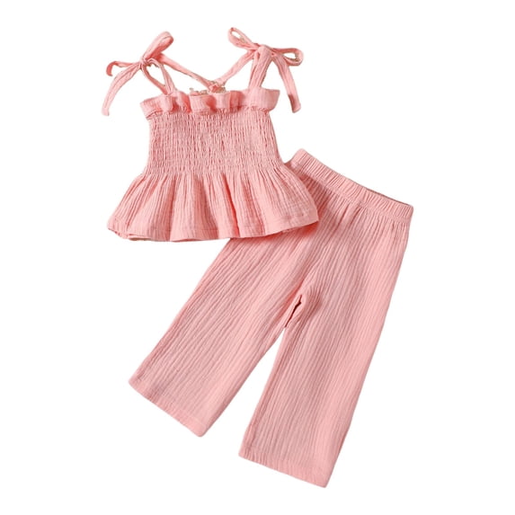 Toddler Girls Clothes Summer Short Set Outfit Tie Knot Shoulder Sleeveless Ruffle Tops and Shorts 2PC Clothing Set Girls Summer Set 1-10 Years,3-4Y