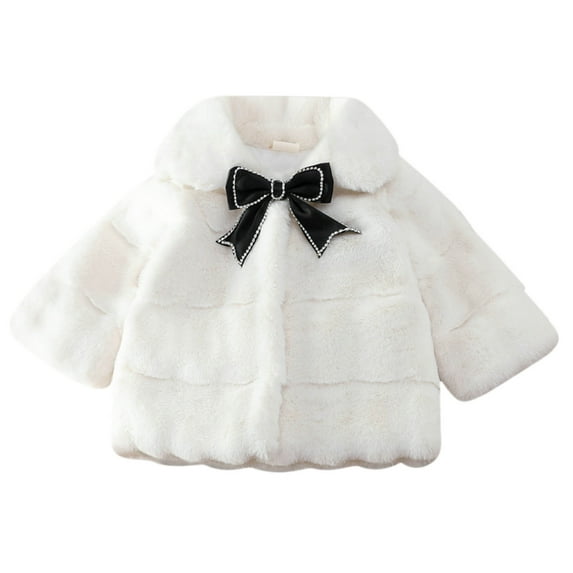 Toddler Girls Clothing Solid Color Plush Cute Bow tie Keep Warm Winter Jackets Lapel Thick Solid Color Coat Cloak (9-12 Months, Beige)