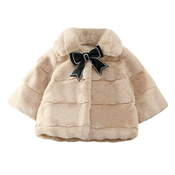 Toddler Girls Clothing Solid Color Plush Cute Bow tie Keep Warm Winter Jackets Lapel Thick Solid Color Coat Cloak (9-12 Months, Khaki)