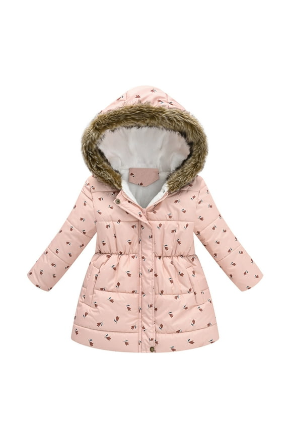 Toddler Girls Coat Boys Winter Cartoon Prints Hooded Jacket Thicken Windproof Zipper Warm Outerwear for Girl Size 2-3T