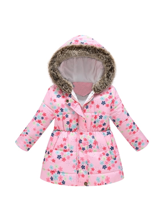 Toddler Girls Coat Boys Winter Cartoon Prints Hooded Jacket Thicken Windproof Zipper Warm Outerwear for Girl Size 4-5T