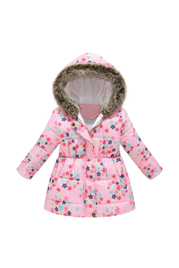 Toddler Girls Coat Boys Winter Cartoon Prints Hooded Jacket Thicken Windproof Zipper Warm Outerwear for Girl Size 4-5T