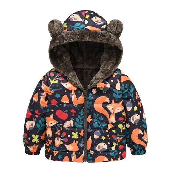 Infant Baby Girls Coat Kids Winter Hooded Cartoon Cute Prints Zipper Windproof Warm Thick Jacket Outerwear for Girl Size 18-24 Months