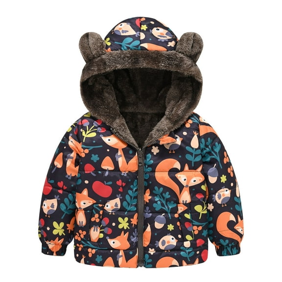 Toddler Girls Coat Kids Winter Hooded Cartoon Cute Prints Zipper Windproof Warm Thick Jacket Outerwear for Girl Size 3-4T