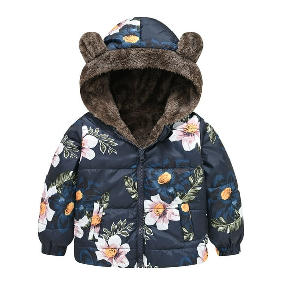 Toddler Girls Coat Kids Winter Hooded Cartoon Cute Prints Zipper Windproof Warm Thick Jacket Outwear for Girl Size 2-3T
