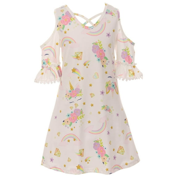 Toddler Girls Cold Shoulder Unicorn Stars Birthday Party Flower Girl Dress Off White 2T XS (P201539P)