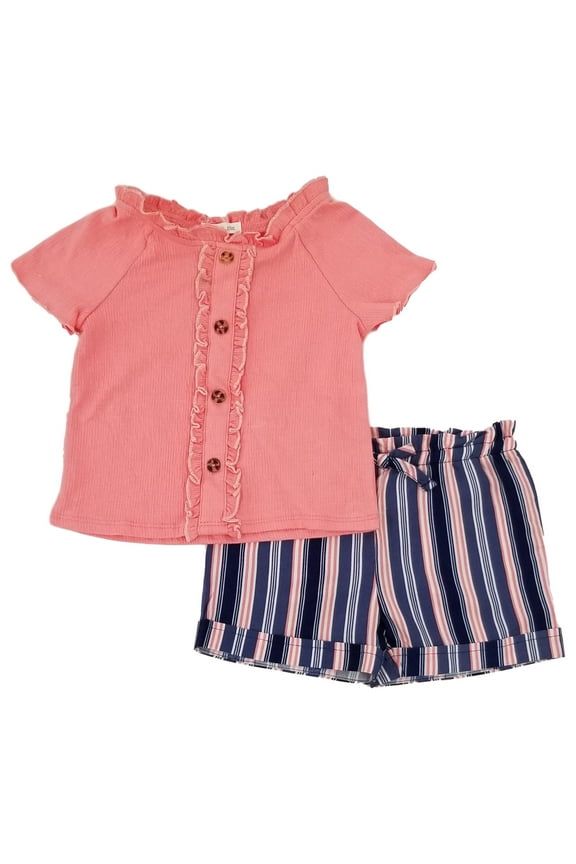 Toddler Girls Coral Pink Navy Blue Buttons Shirt Top Striped Shorts Outfit 2T