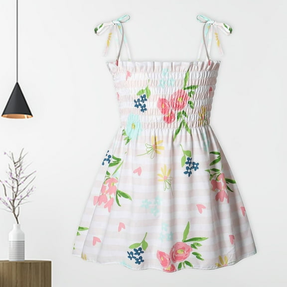 Toddler Girls Cotton Casual Cartoon Print Short Sleeve Dresses Toddler Kids Baby Girl Summer Seaside Beach Dress Sling Skirt Floral Skirt White 9-12 Months