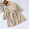 thumbnail image 1 of Toddler Girls Cotton Linen Dresses Long Sleeve 2-8 Years Kids Cute Ruffle A-Line Crewneck Solid Color Pullover Vintage Babydoll Dress, 1 of 8