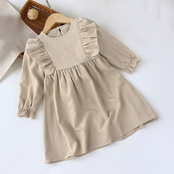 Toddler Girls Cotton Linen Dresses Long Sleeve 2-8 Years Kids Cute Ruffle A-Line Crewneck Solid Color Pullover Vintage Babydoll Dress