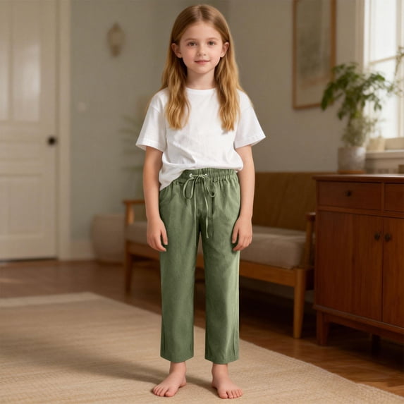 Toddler Girls Cotton Linen Pants Elastic Waistband Drawstring Trousers Relaxed Fit Breathable Bottoms for Summer Beach Vacation, 4-13Y