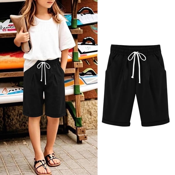 Toddler Girls Cotton Linen Shorts Elastic Waist Drawstring Casual Summer Bermuda Trousers for Vacation School, 4T-15Y